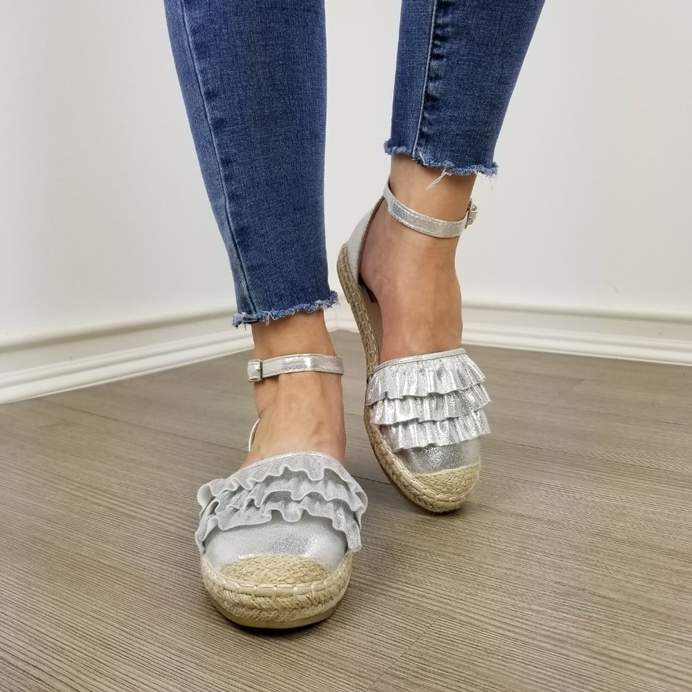 Cutest Sparkly Silver Espadrille Ruffle Sandals - Picture 2 of 8